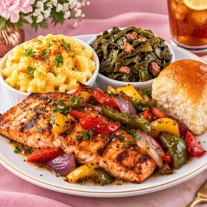 Grilled Salmon Dinner Plate (1 meat + 2 sides + bread)