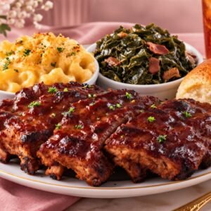 Barbecue Rib Dinner Plate (Pork or Beef) (1 meat + 2 sides + bread)